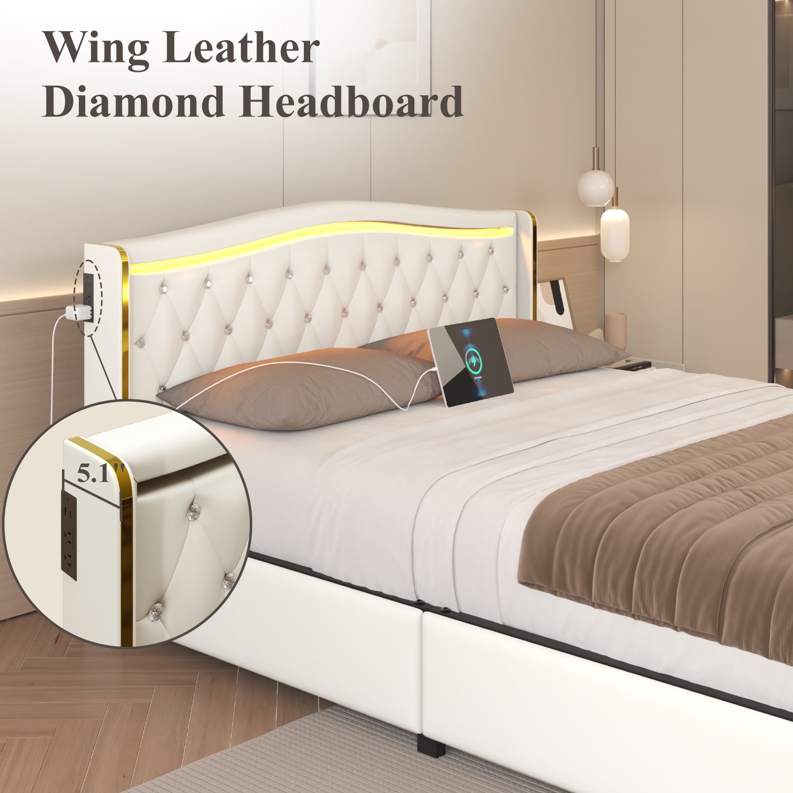 E-Motie Full Bed Frame with LED Lights & Charging Station, PU Leather Wingback Upholstered Platform Bed with 4 Storage Drawers, White