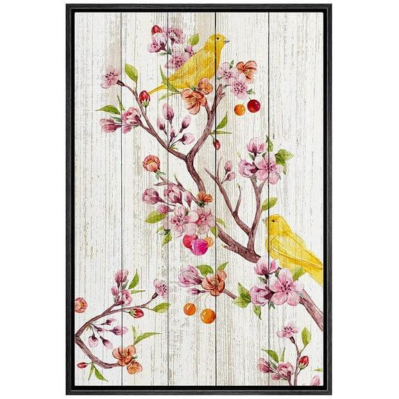 wall26 Framed Canvas Print Wall Art Wood Panel Cherry Blossom Gold Bird Nature Wilderness Illustrations Modern Art Decorative Rustic Relax/Calm for Living Room, Bedroom, Office - 24"x36" Bl