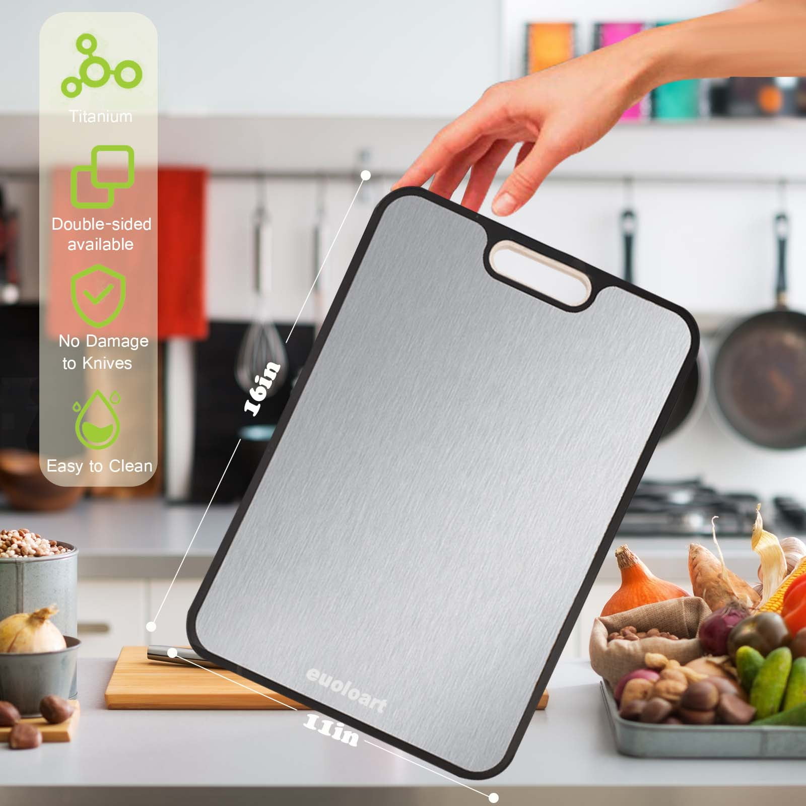 Titanium Cutting Boards for Kitchen, Non Toxic Ttivano Metal Cutting Board Double Sided Food Grade, Pure Titanium/PP, Easy to Clean Large Size 16”×11”
