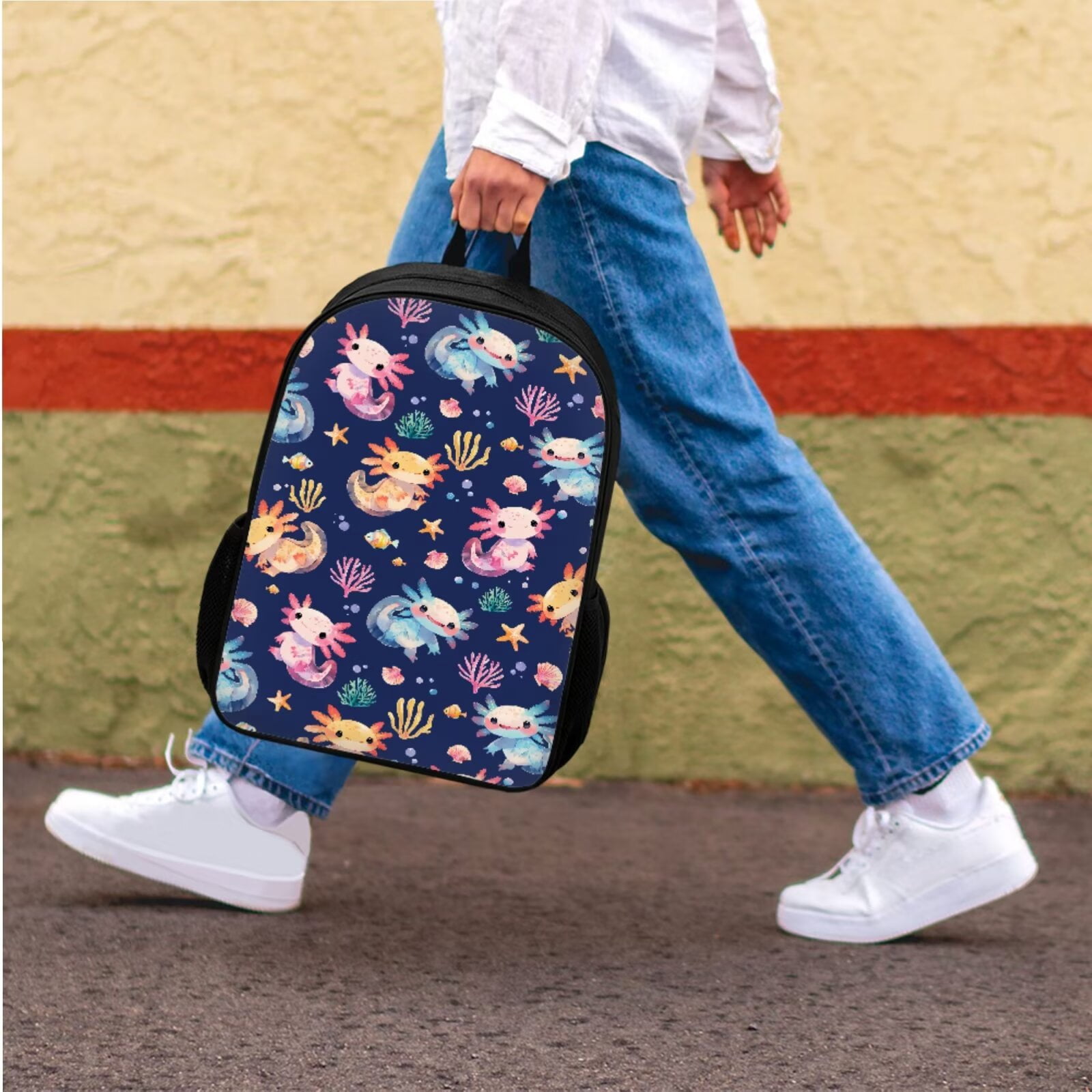 Binienty Axolotl Backpack Student Bookbag for Girls Boys Elementary School 3 Piece Kids Casual Travel Backpack with Lunchbox Pencil Case