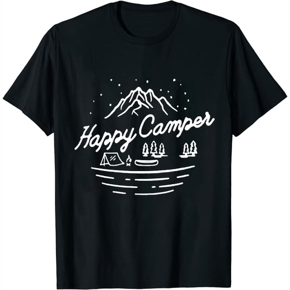 Happy Camper T-Shirt Women Hiking Mountain Adventure Novelty Workout Funny Saying Cute Graphic Athletic Shirt