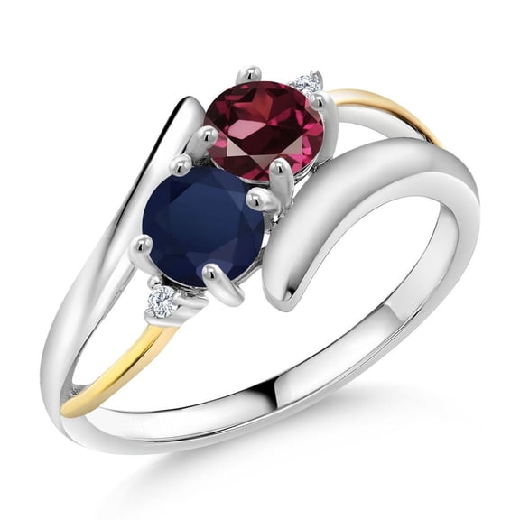 Gem Stone King 1.22 Ct Red Rhodolite Garnet Blue Sapphire 925 Silver and 10K Yellow Gold Lab Grown Diamond Two Stone Crossover Ring (Size 5)