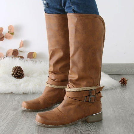 

Sehao womens flat dress shoes Womens Shoes Square Toe Belt Buckle Back Zipper Chunky Heel Womens Boots Vintage Boots Mid Boots Artificial leather womens winter shoes