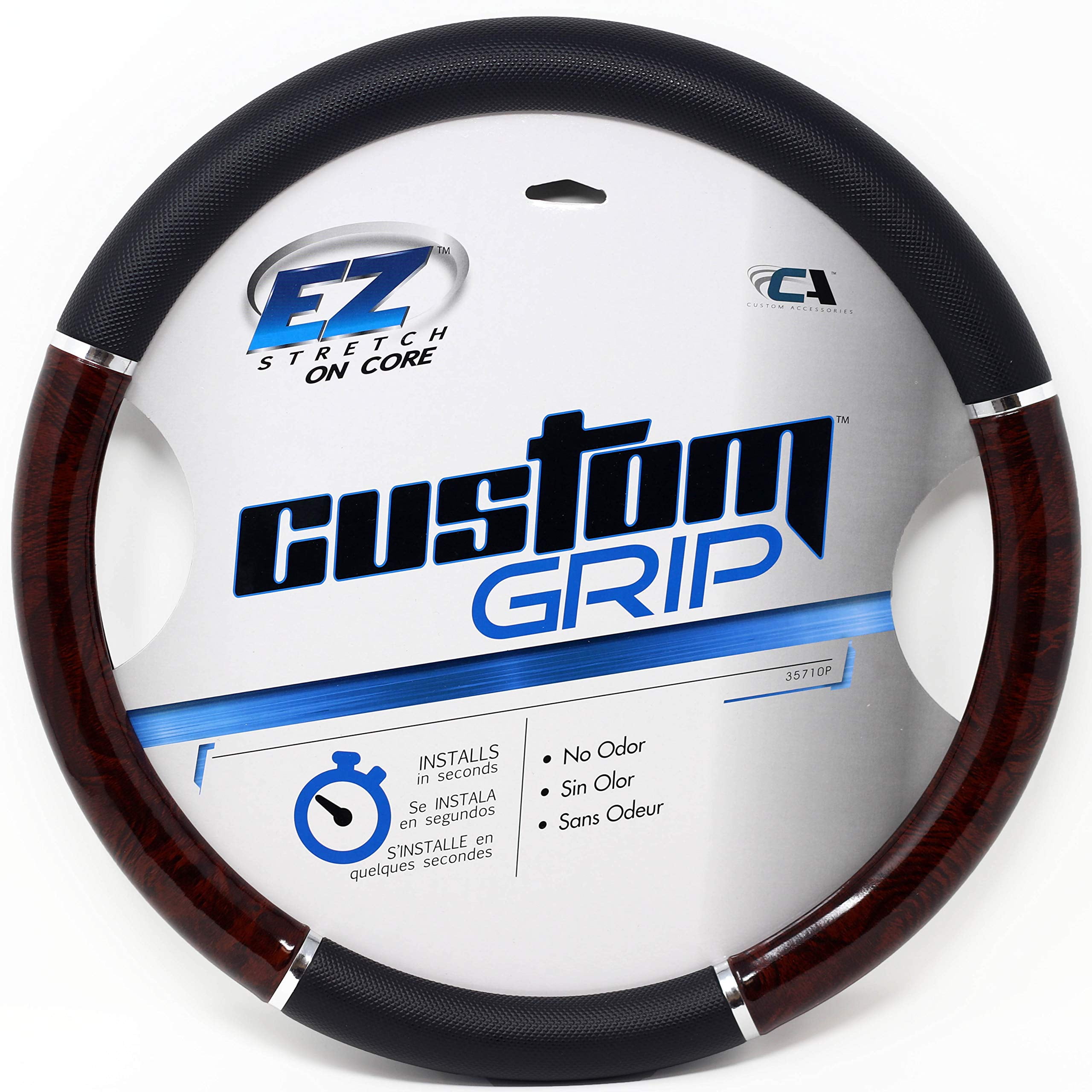 Custom Grip Black Wood Grain Chrome TPE Core Steering Wheel Cover