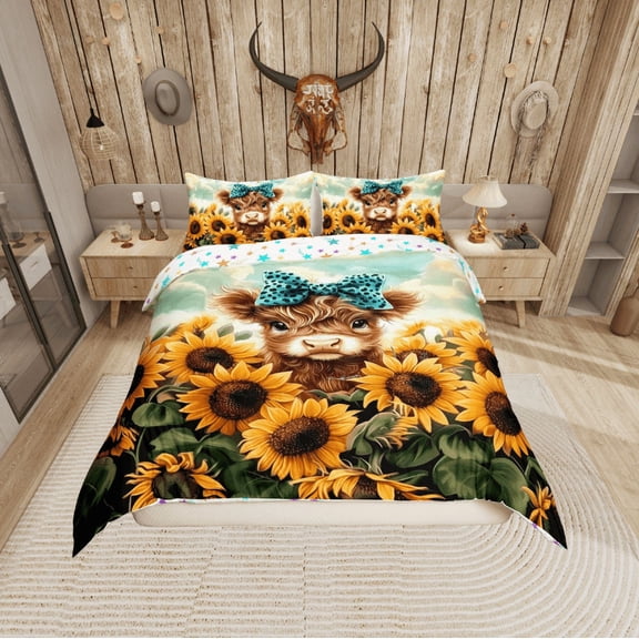 Erosebridal Cartoon Highland Bull Comforter Cover Twin, Chic Sunflower Blossoms Bedding Twin Size, Reversible 2-Piece (No Comforter)