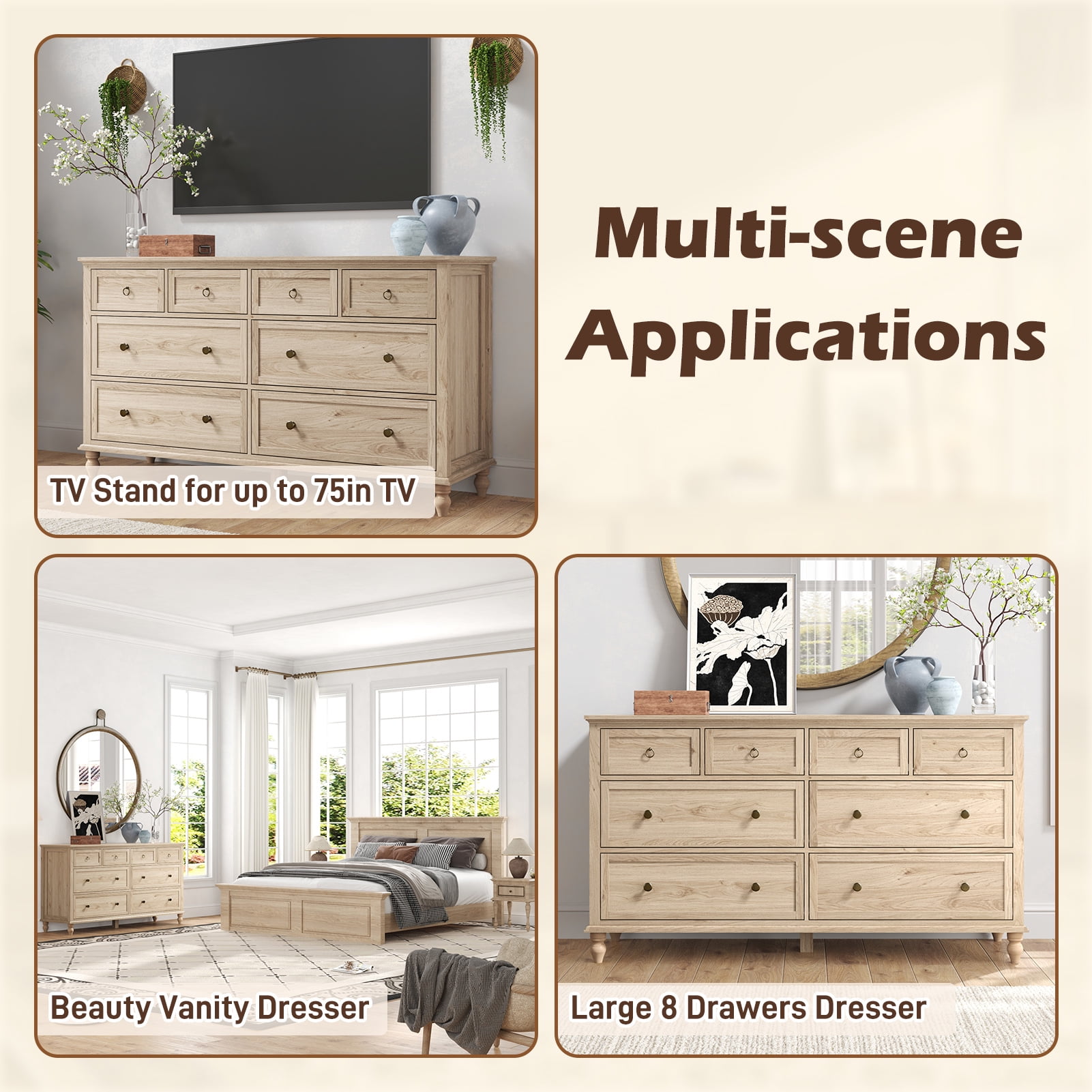 ChVans 65 inch Large Long Drawer Dresser, 8 Drawer Dresser for Bedroom, Modern Farmhouse Wood Wide Chest of Drawers, Storage Dressers for Bedroom, Living Room & Hallway