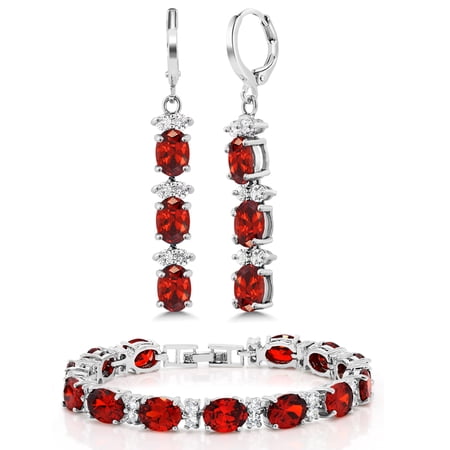 Gem Stone King 7 inch Red and White CZ Bracelet Set With Matching 2 inch Oval shape Dangle Earrings