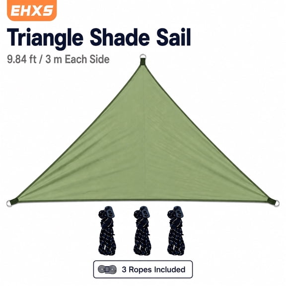 EHXS 9.84 ft Triangle Sun Shade Sail, Outdoor Shade Sail with Reinforced Corners & 3 Ropes for Patio, Backyard and Garden, Green