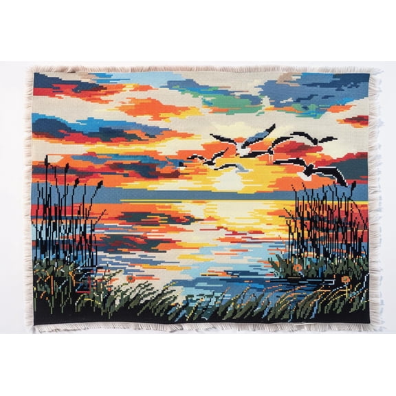Ocean Sunset Seagulls Landscape DIY 11CT Stamped Cross Stitch Kits for Beginners Easy Needlepoint Embroidery Counted Cross Stitch Art Craft for Wall Decoration 12x16inch(1)