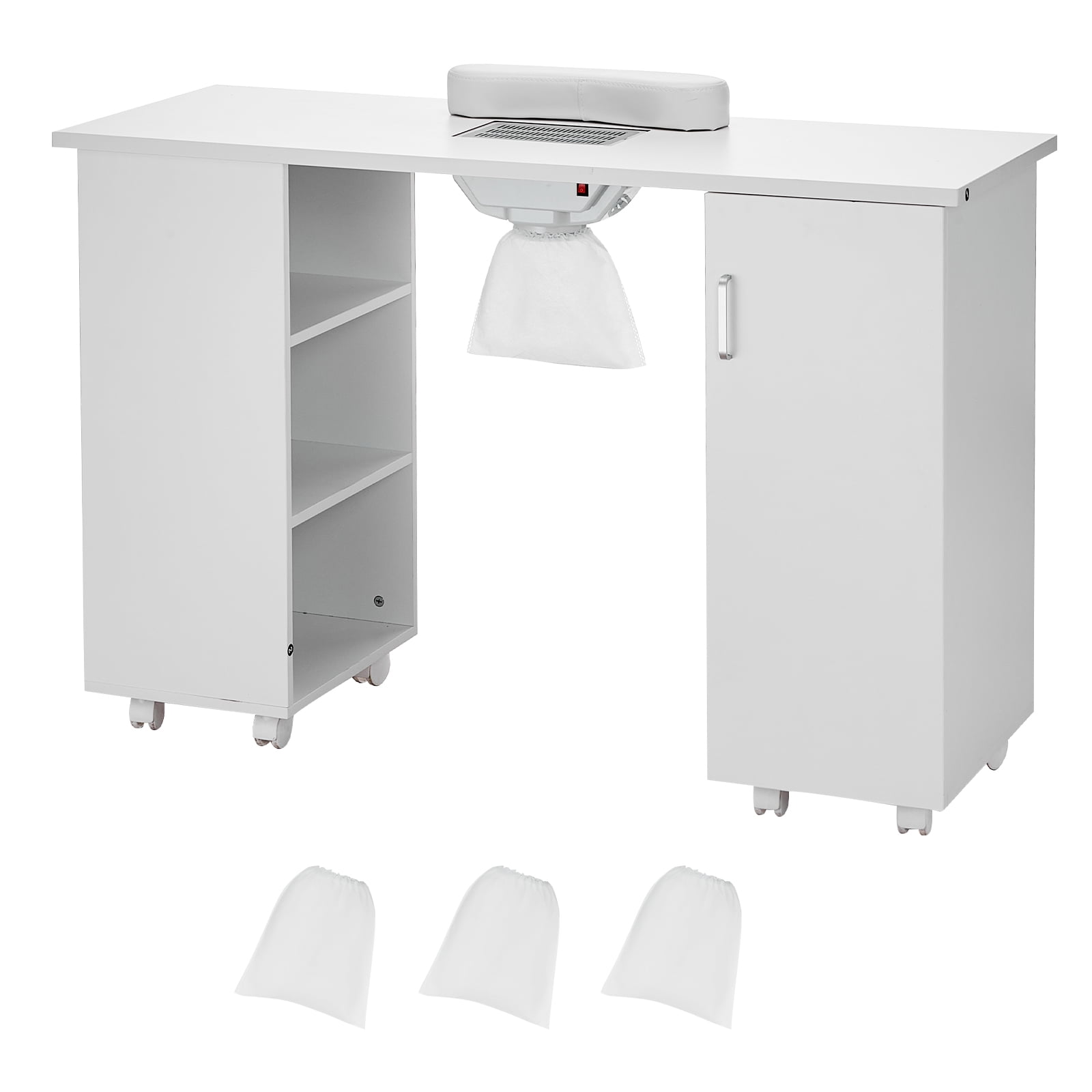SKYSHALO Manicure Table Nail Desk for Nail With Electric Dust Collector/Glass Top & Wrist Rest, Moveable Nail Tech Desk with 8 Wheels (8 Lockable), 3 Dust Bag & Wrist Rest, MDF Nail Art Workstation