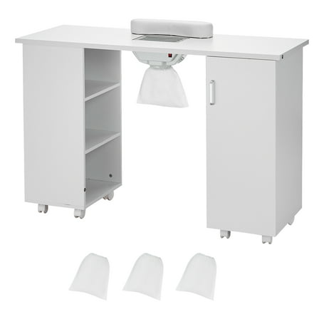 VEVOR Manicure Table, Nail Table Station with Electric Dust Collector, Moveable Nail Tech Desk with 8 Wheels (4 Lockable), 3 Dust Bag & Wrist Rest, MDF Nail Art Workstation, White