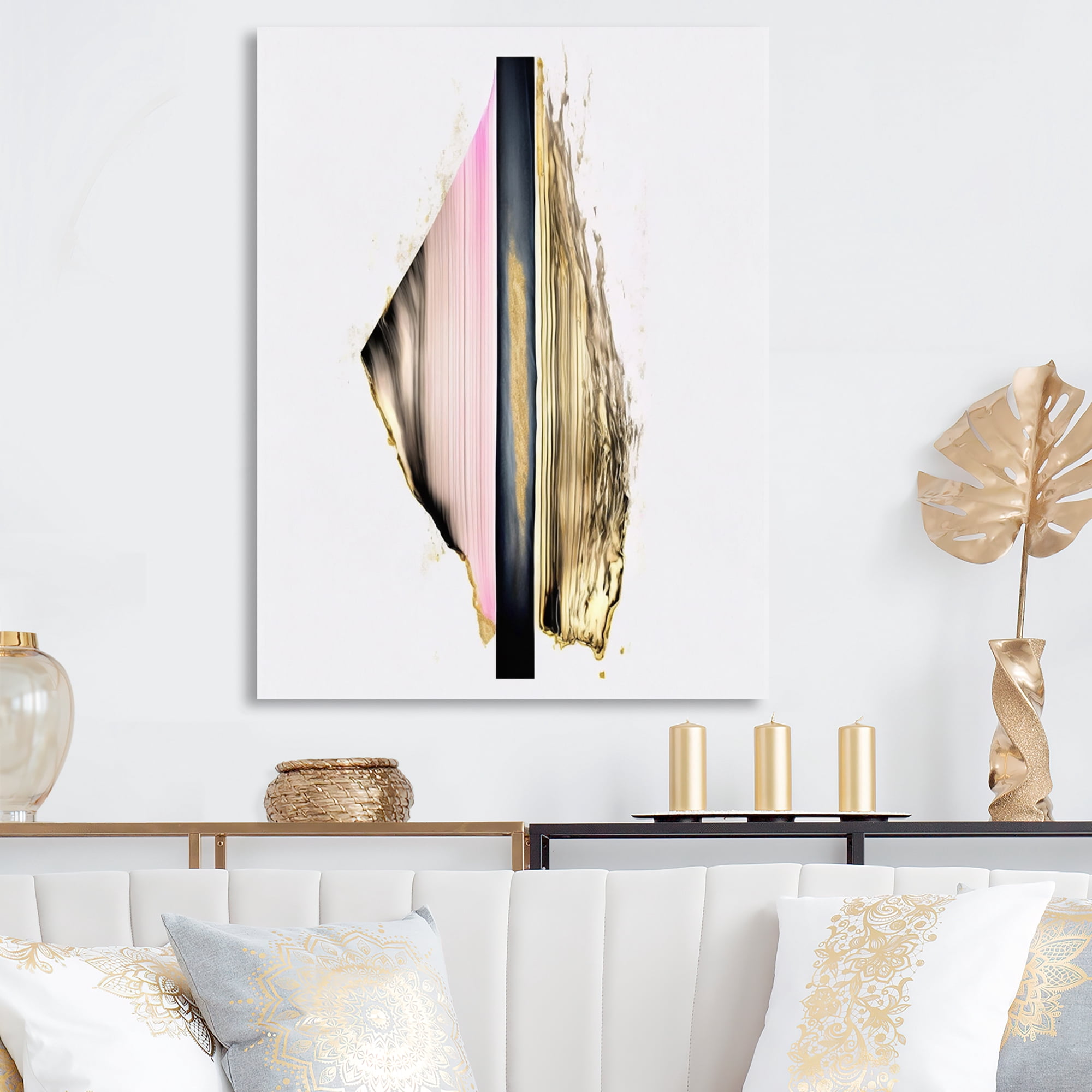 Designart Minimalism Pink And Gold Cubic Fusion III Canvas Wall Art