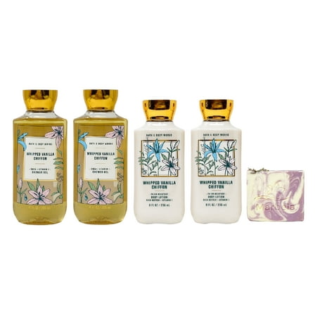 Bath & Body Works Whipped Vanilla Chiffon 4 Piece Value Pack with a Marbela Lavender Dream Bar Soap - 2 Shower Gels and 2 Body Lotions - Full Size