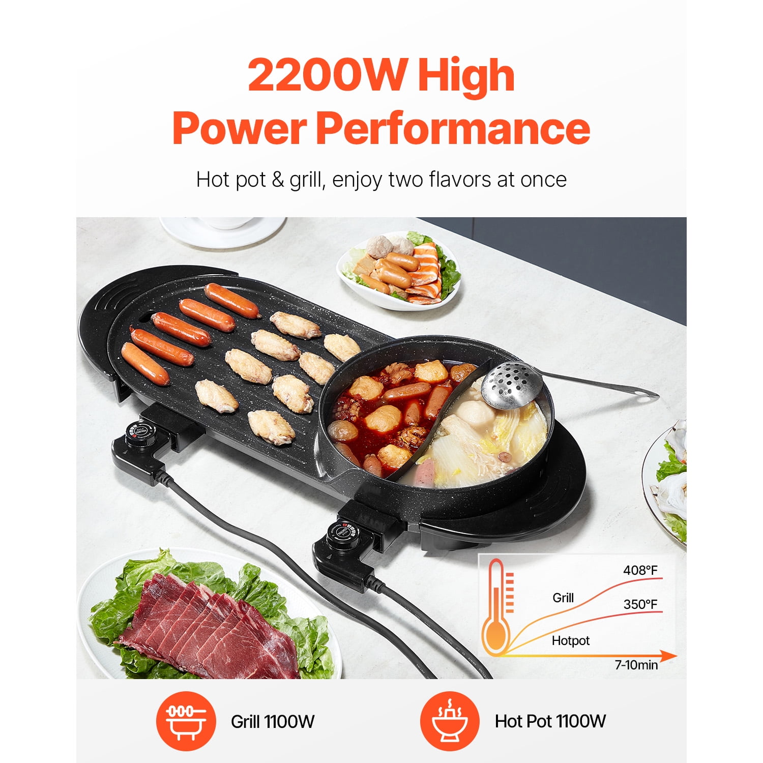 VEVOR 2 in 1 BBQ Pan Grill and Hot Pot with Divider Multifunctional Teppanyaki Grill Pot, Separate Dual Temperature Control Electric BBQ Stove Hot Pot