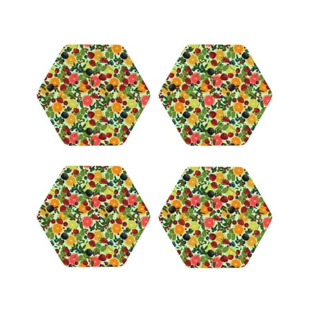 

Honeii Berries And Citrus Print Leather Coaster Set of 4 Ideal for Safeguarding Your Furniture from Drinks Spills and Effortless Cleanup-Hexagon
