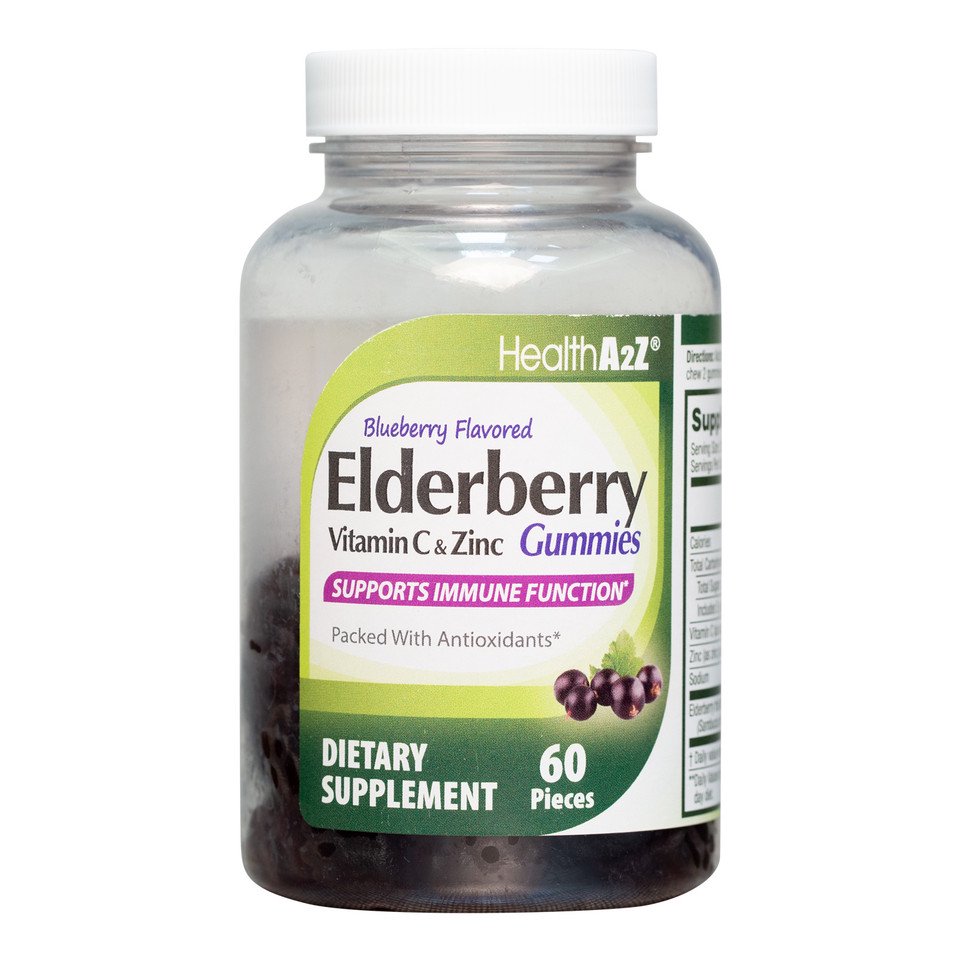 (6 pack) HealthA2Z Elderberry Gummies With Vitamin C And Zinc, 30: 1 Fruit Extract 4500mg Real Elderberry Fruit, , 60 Count