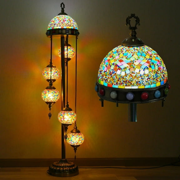 Luxury Turkish Mosaic Floor Lamp - 56 inches tall, with 5 colorful balls and upgraded top cover, metal base, LED lighting, first choice for home decoration