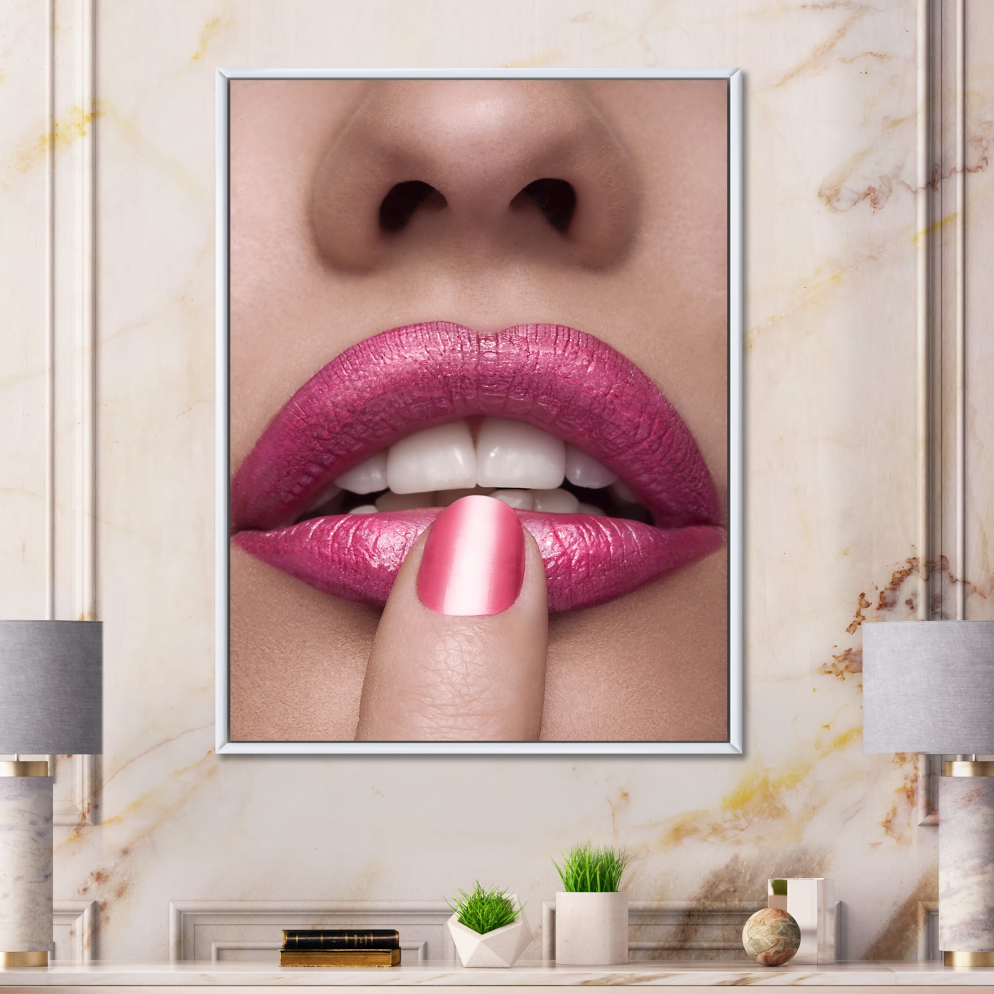 Designart 'Pink Female Lips With Finger On Mouth' Modern Framed Canvas Wall Art Print