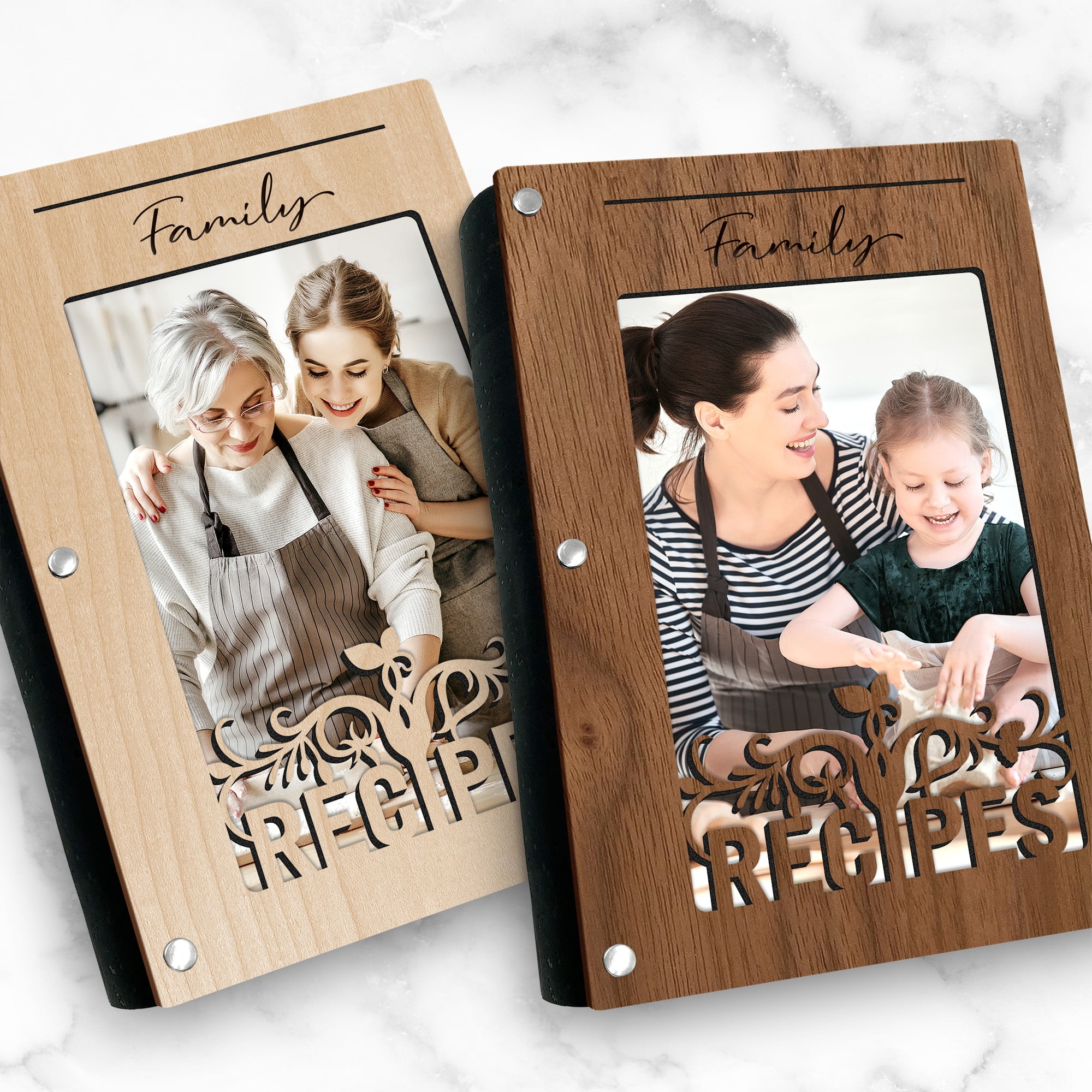 Handmade Recipe Book with Wood Cover, Photo Sleeve on Cover, Blank Recipe Cards, Banner Design, Family Recipe Book. Walnut