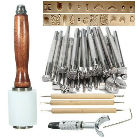 25PCS/Set Manual Leather Craft DIY Carved Wooden Stamp Hammer Embossing Beveler Stainless Steel Printing Tool