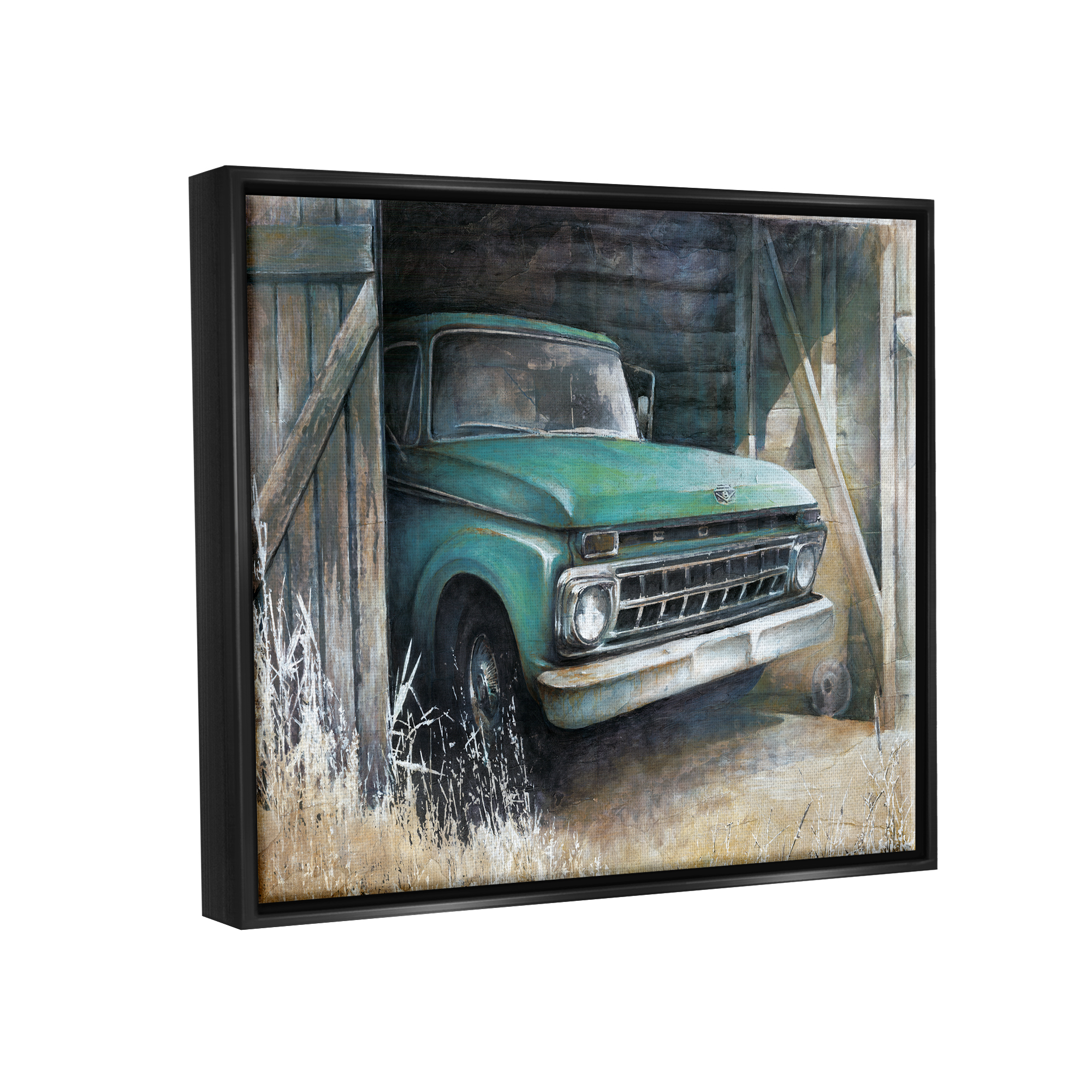 Stupell Industries Weathered Country Barn Vintage Green Pickup Truck Painting Jet Black Floating Framed Canvas Print Wall Art, Design by White Ladder