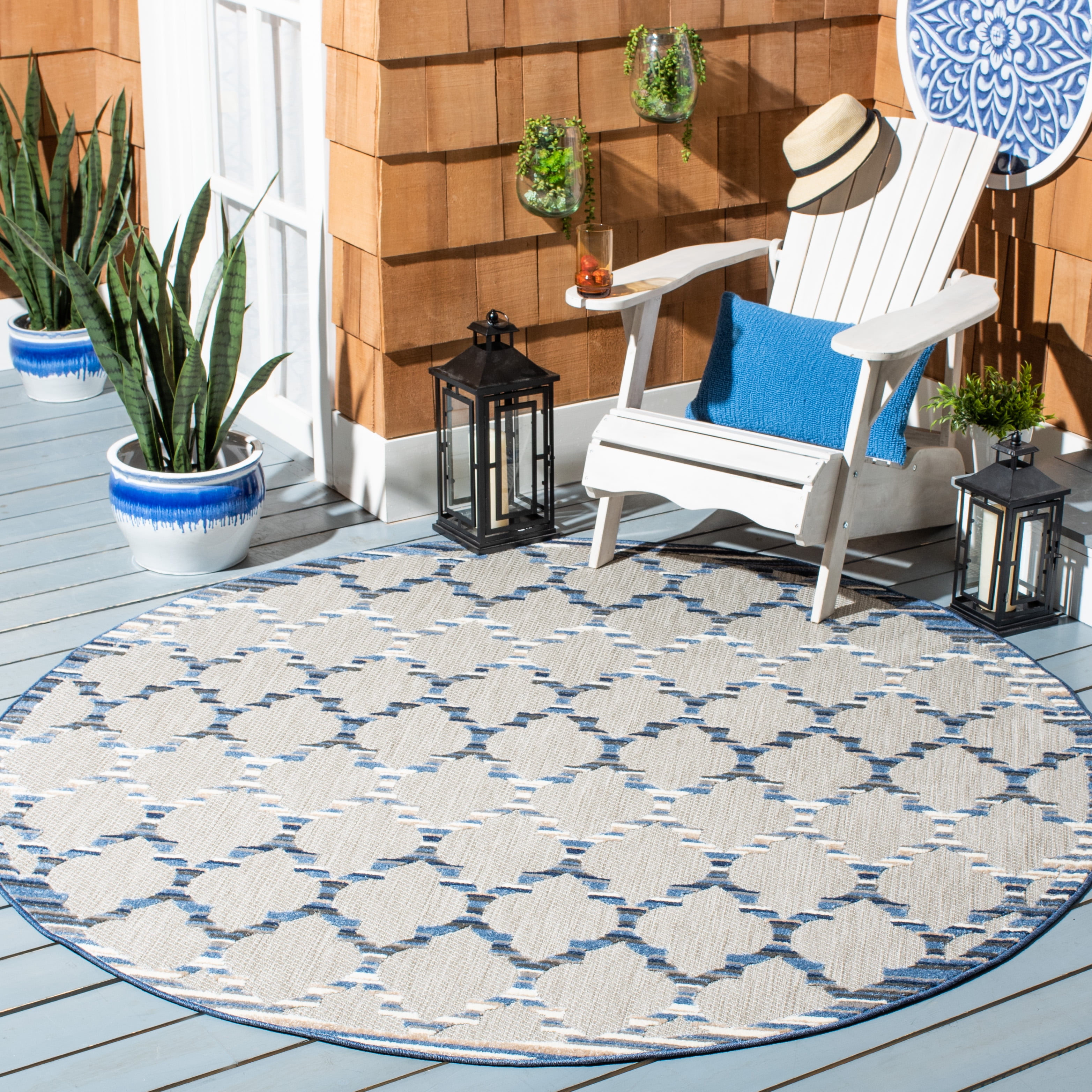 SAFAVIEH Cabana Burke Geometric Indoor/Outdoor Area Rug, Grey/Blue, 6'7" x 6'7" Round