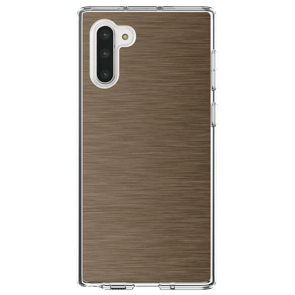 DistinctInk Clear Shockproof Hybrid Case for Samsung Galaxy Note 10 (6.3" Screen) - TPU Bumper, Acrylic Back, Tempered Glass Screen Protector - Brown Stainless Steel Image - Printed Stainless
