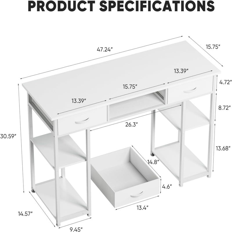 Kelno 48 Inch Computer Desk with 2 Fabric Drawer Storage Shelf Gaming Writing Table, White