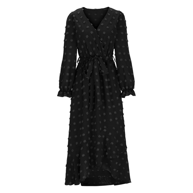 qolati Women Fall Dresses 2024 Long Sleeve V Neck Swissdots Flowy Boho Maxi  Dress Elegant High Waisted A-Line Ruffle Slit Party Wedding Dress -  Walmart.com