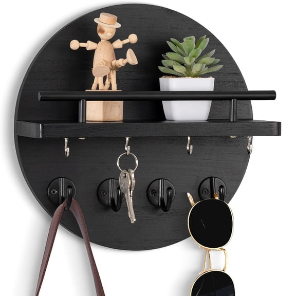 Wood Key Holder for Wall Decor 10.2 Inch Rack With Shelf and 8 Hooks Rustic Mail Organizer Circular Wooden Hanger for Entryway
