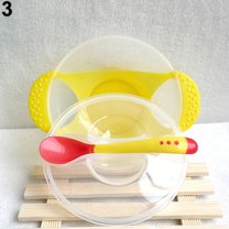 Farfi 1 Set Baby Suction Bowl Temperature Color Changing Spoon Feeding Tableware Tool (Yellow)