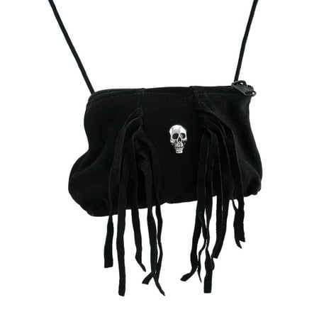 Doe Suede Body - Black Suede Crossbody Purse w/Fringe & Silver Skull Stud