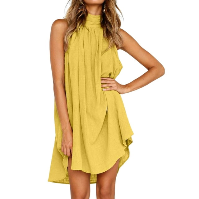 Qarigey Vestido de tiras Traje de verano con cuello halter Transpirable Moda al aire libre Estilo simple Vestidos sin mangas elegantes Vestidos Amarillo XXL