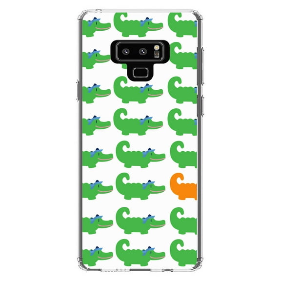DistinctInk Clear Shockproof Hybrid Case for Samsung Galaxy Note 9 - TPU Bumper, Acrylic Back, Tempered Glass Screen Protector - Green Orange Blue Alligator Gator - Cartoon Alligators