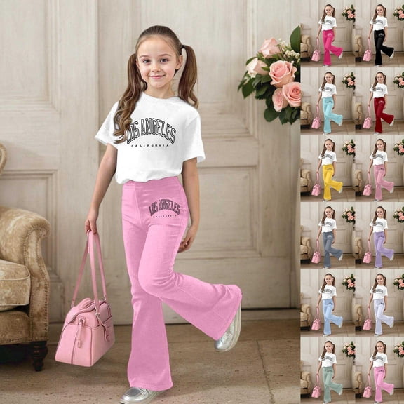 LRen Girls Outfits Size 5 Cartoon Print Short Sleeve T Shirt Tops and Elastic Waist Pants Outfits Set Crewneck Fashion Streetwear Short Sleeve Set Back To School Clothes