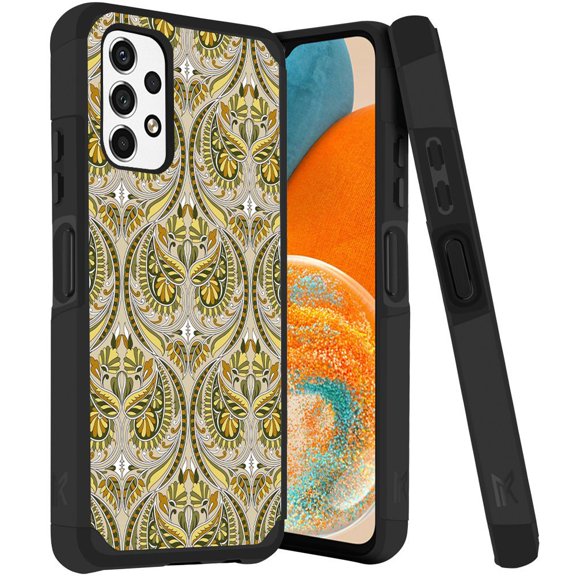 ANJ  Rugged Dual Layered Shockproof Slim Hybrid Case   Tempered Glass Cover Compatible with Samsung Galaxy A23 5G - Green Damask