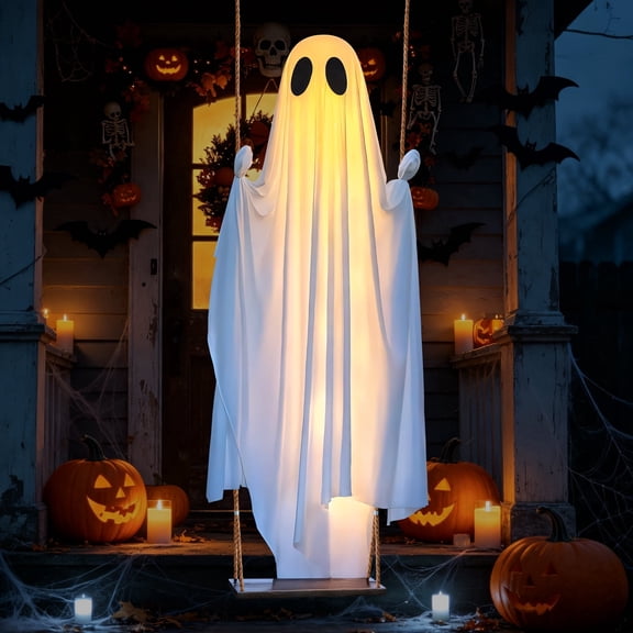 Ninonly Halloween Decorations Outdoor,5 Ft Large Hanging Swing Ghost Halloween Decor with String Lights, Spooky Cute Ghosts Decorations for Front Yard Tree