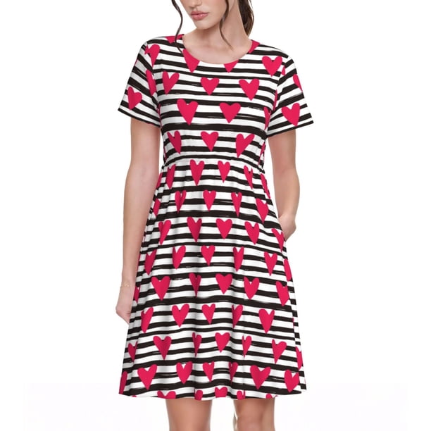 Disketp Hearts And Lines para Vestido de Manga Corta para Mujeres, Vestidos de Verano para Mujeres, Casual y Holgado para la Playa