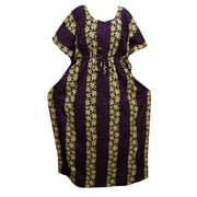 Mogul Women's Maxi Kaftan Cotton Purple Printed Kimono Sleeves Caftan House Dress XXXL