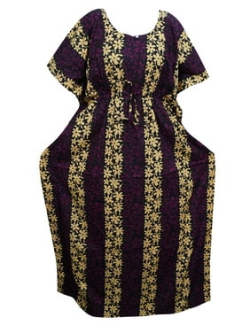 Mogul Women's Maxi Kaftan Cotton Purple Printed Kimono Sleeves Caftan House Dress XXXL