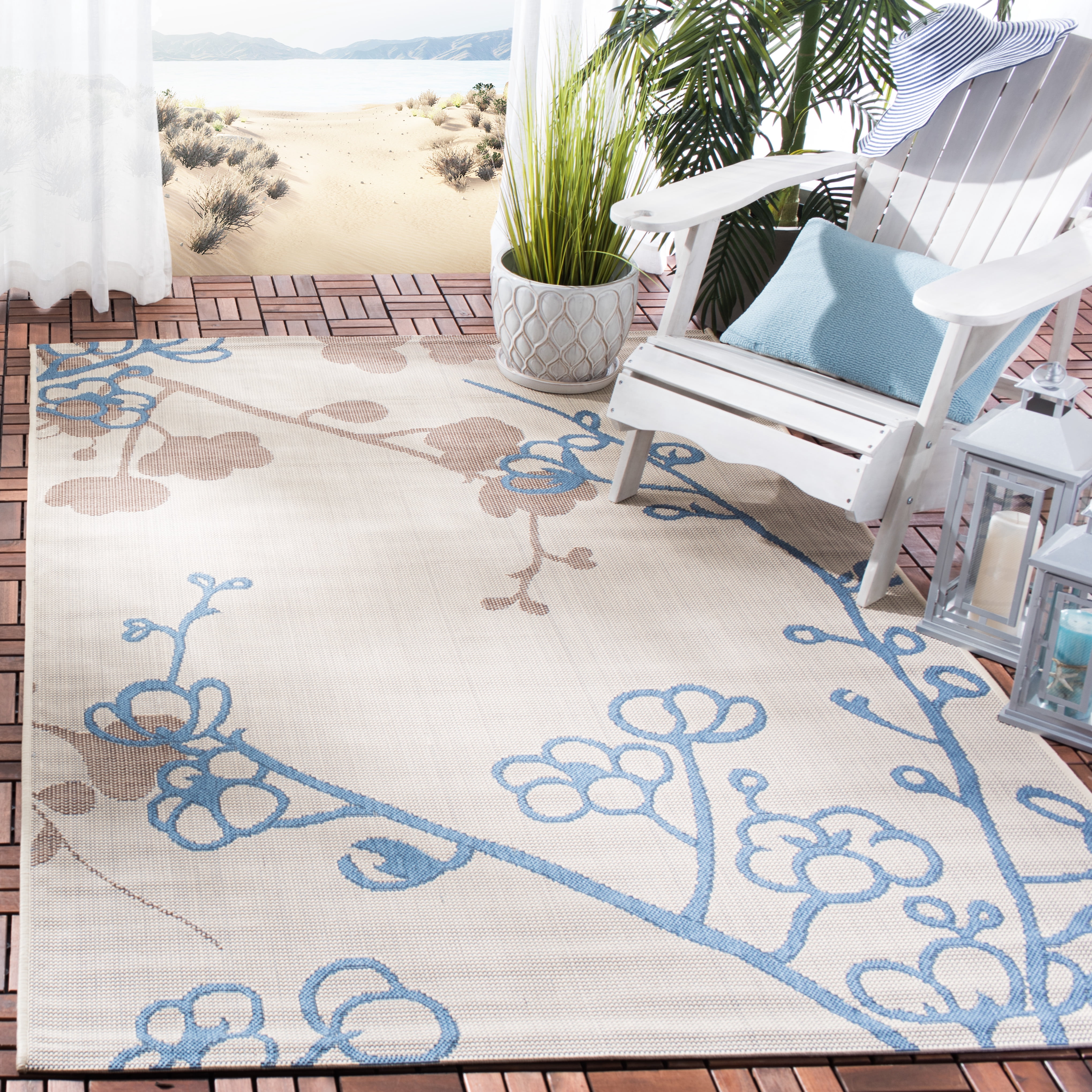SAFAVIEH Courtyard Christian Floral Indoor/Outdoor Area Rug, Natural Brown/Blue, 4' x 5'7"