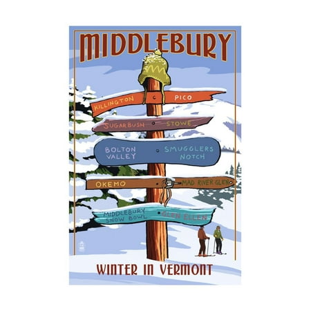 Middlebury, Vermont - Winter in Vermont Ski Signpost Print Wall Art By Lantern