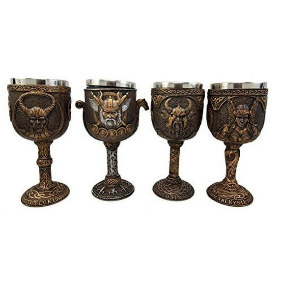 Atlantic Collectibles Norse Mythology Viking Deities Odin Valkyrie Loki Battle Longship 7oz Resin Wine Goblet Chalice Set of 4 With Stainless Steel Liner