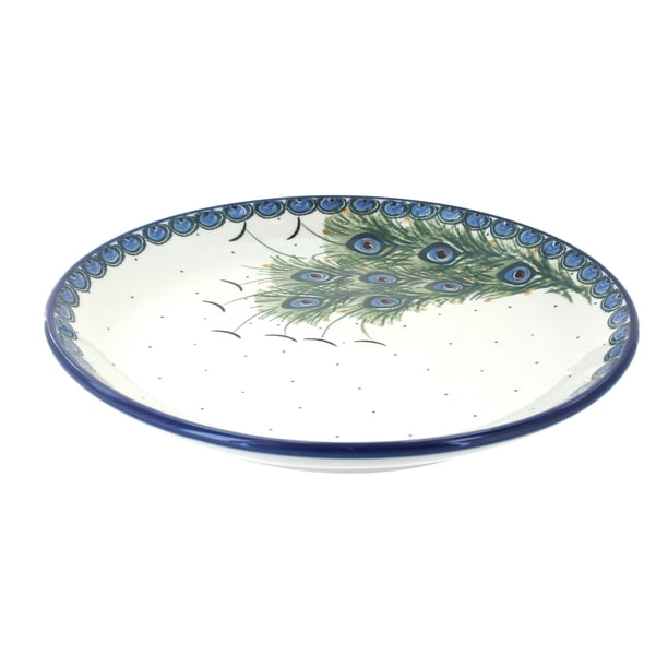 Polish Pottery Dessert Plate - Peacock Feather Design, Handmade In Poland, 7.75 Inch, Microwave & Dishwasher Safe
