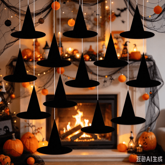 Bisitoy 12 PCS Halloween Witch Hats, Hanging Decor for Yard Porch Ceiling, Floating Black Witches Hats with Hanging Rope