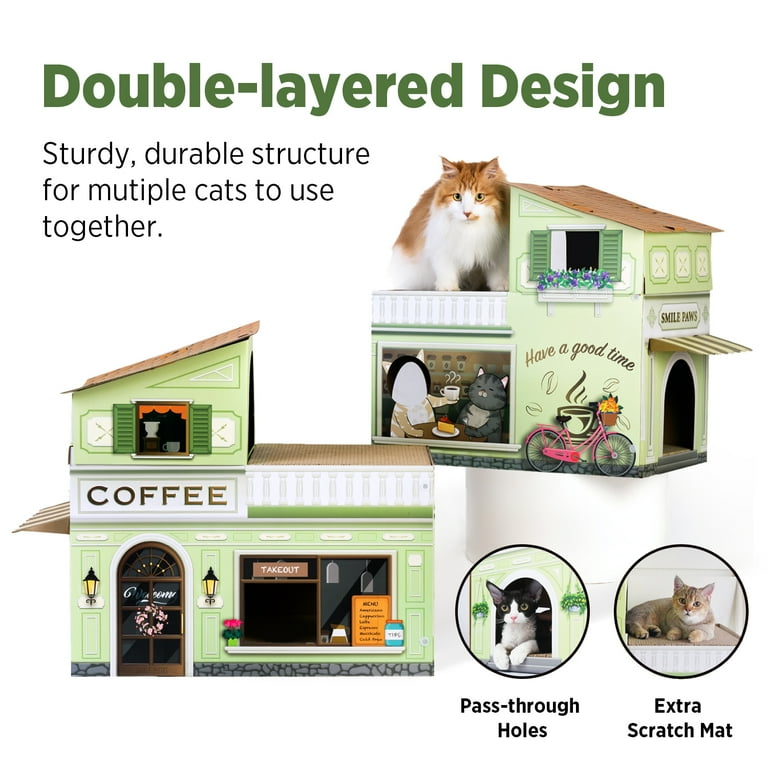 SMILE PAWS Large Sturdy Cardboard Cat House with Scratcher, Coffee