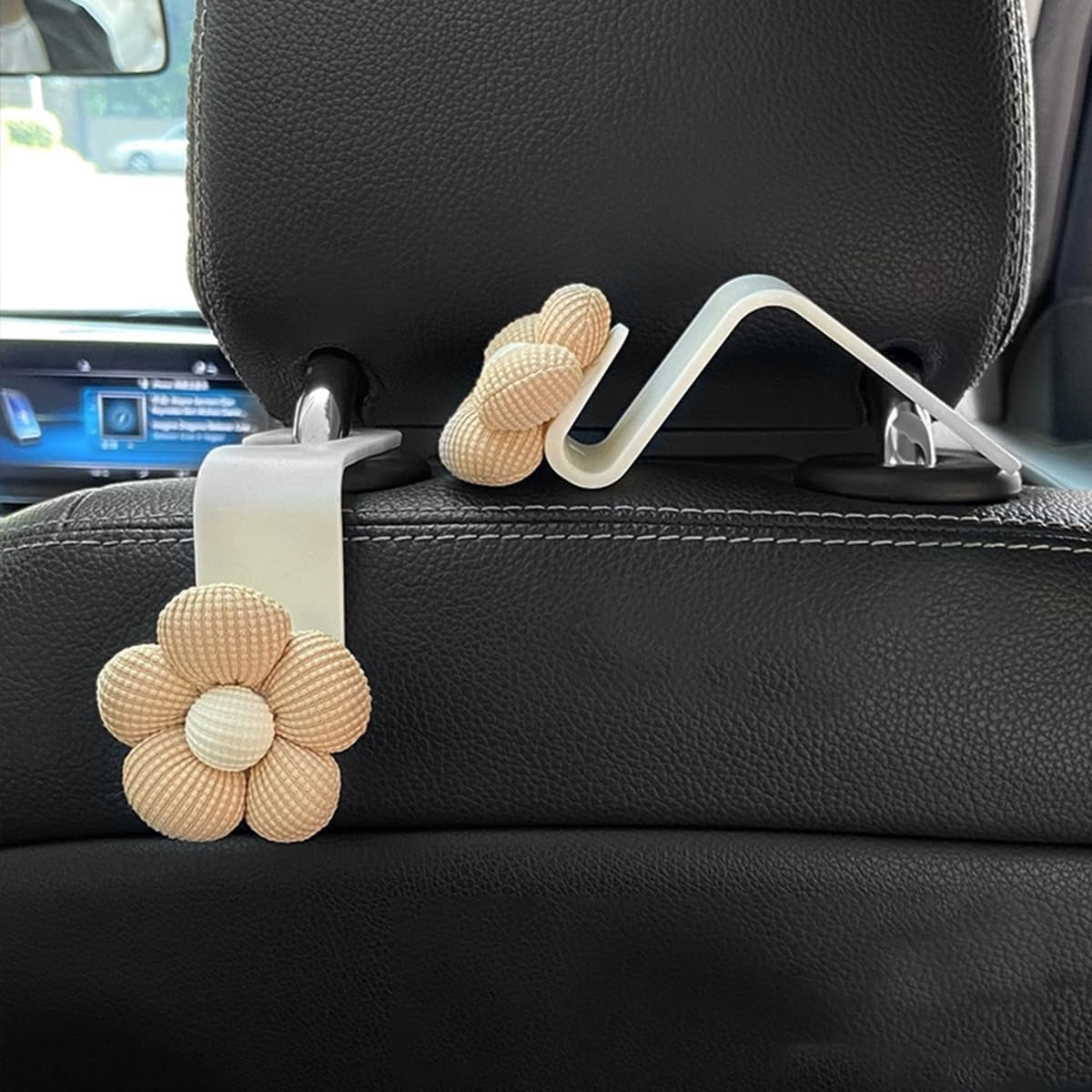 Rongsi Car Purse Hook,4PCS Car Headrest Hooks, Cute Flower Vehicle Seat Organizer Hooks for Purses and Bags, Portable Automotive Purse Hanger Holder Decoration, Universal for SUV, Sedan, Truck (Beige