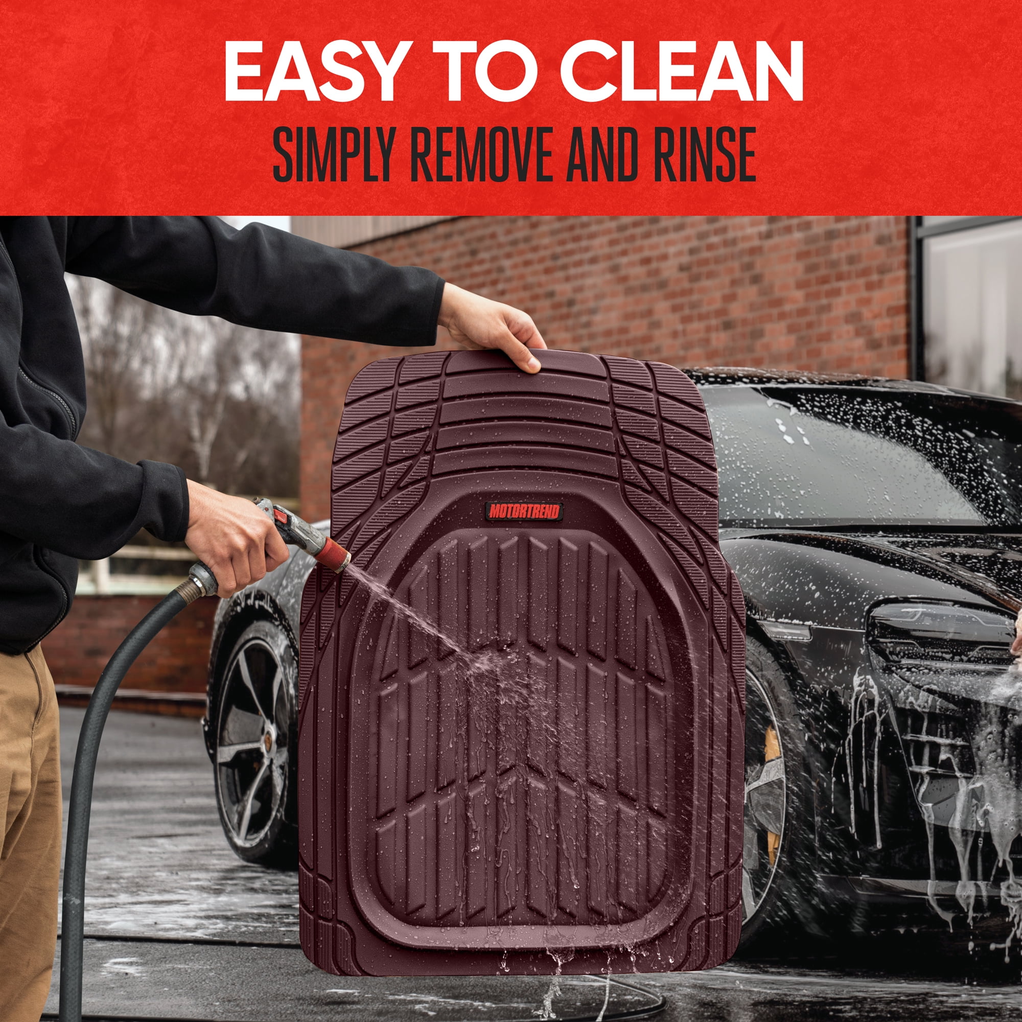 Motor Trend FlexTough Tortoise - Heavy Duty Rubber Floor Mats for Car SUV Van & Truck - All Weather Protection - Deep Dish (Burgundy)