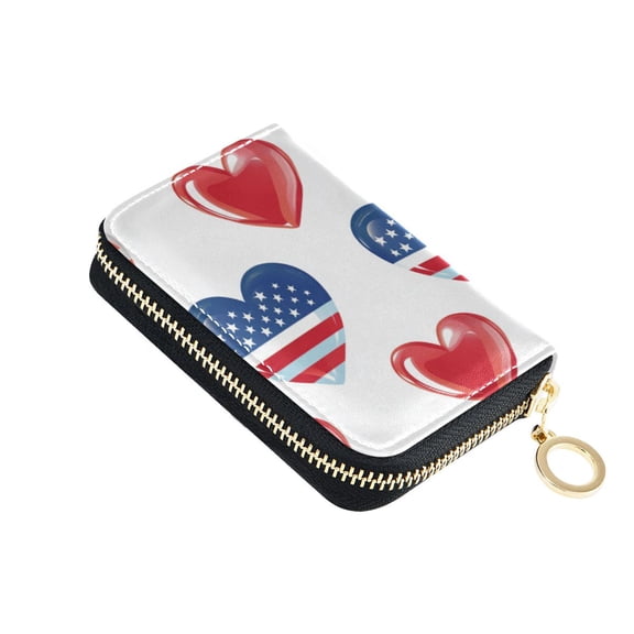 Independence Day Flag Pattern Hearts Women's Credit Card Holder PU Leather Zipper Wallet RFID Blocking
