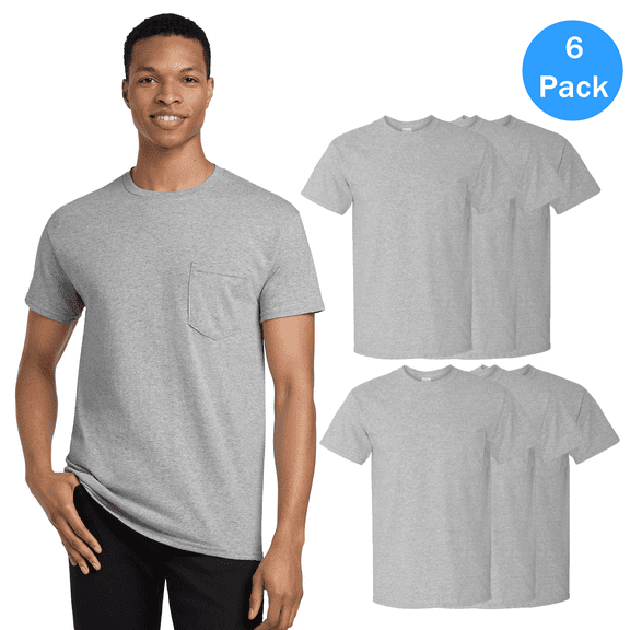Gildan Pocket T-Shirt, Heavy Cotton Short Sleeve Crewneck Tee, Sport Grey Shirt for Men, Pack 6, Size S